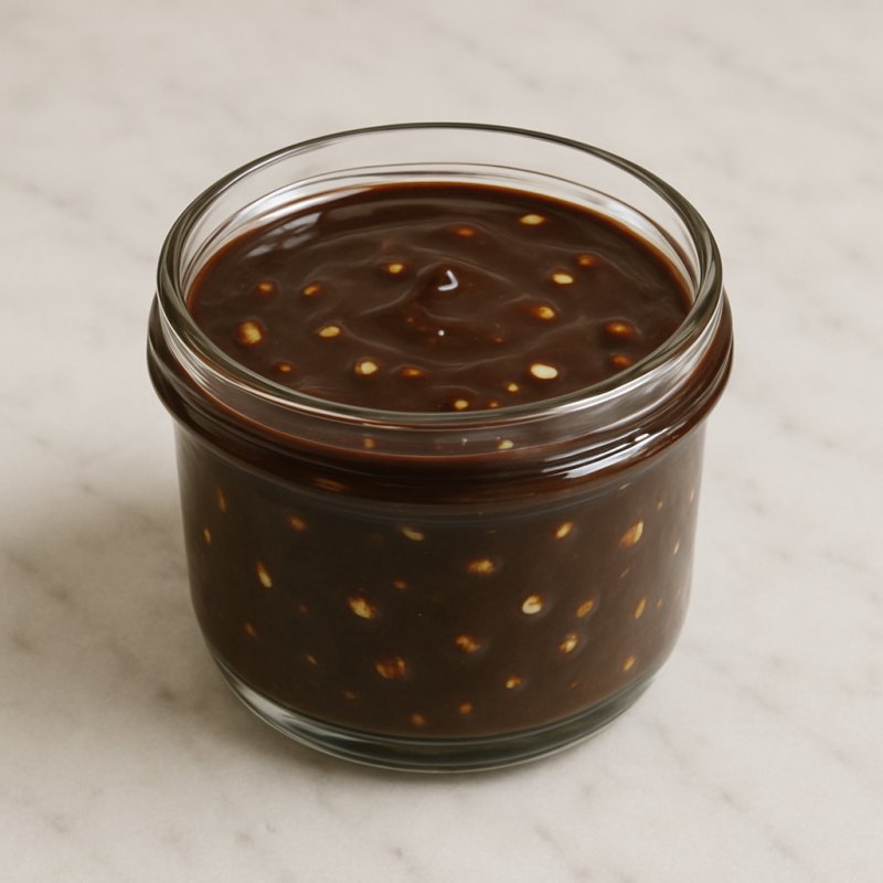 Ein Glas Haselnuss-Glasur auf einem Holzuntergrund.