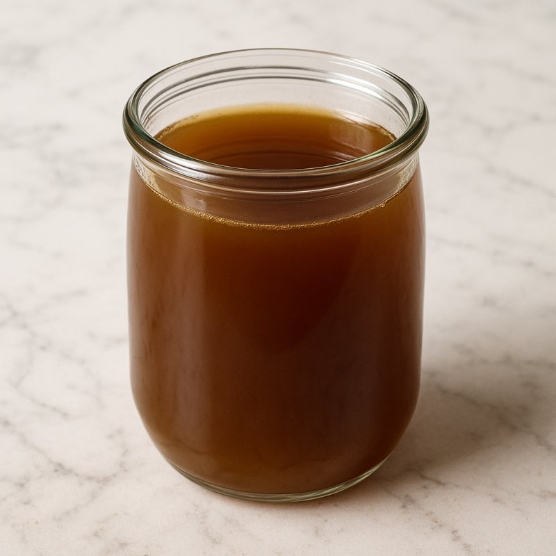 Ein Glas mit klarem Kalbsfond auf einem Holztisch