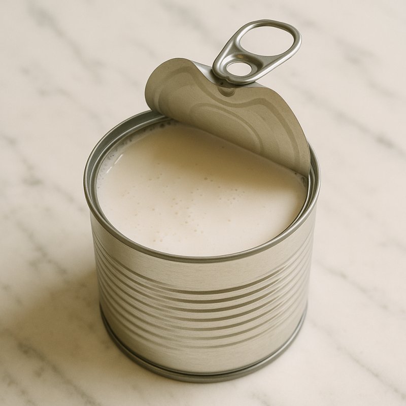 Ein Glas Kokosmilch neben einer aufgeschlagenen Kokosnuss