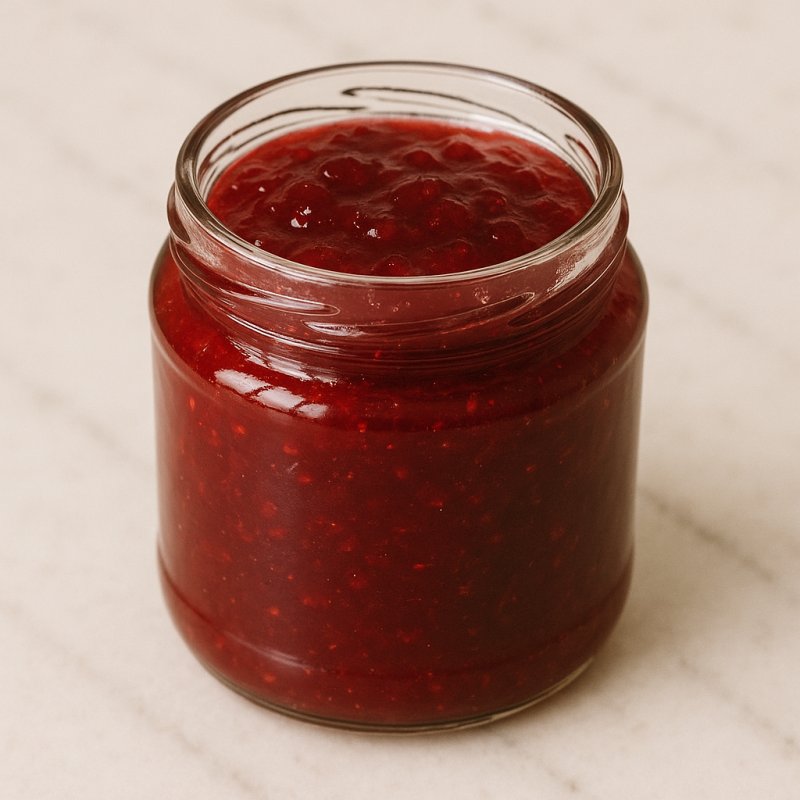 Ein Glas rote Konfitüre mit Früchten