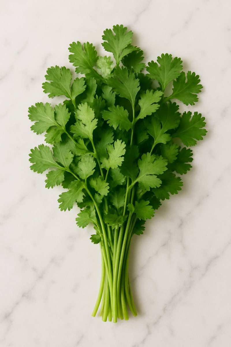 Frische grüne Korianderblätter mit Stielen auf einem Holzbrett