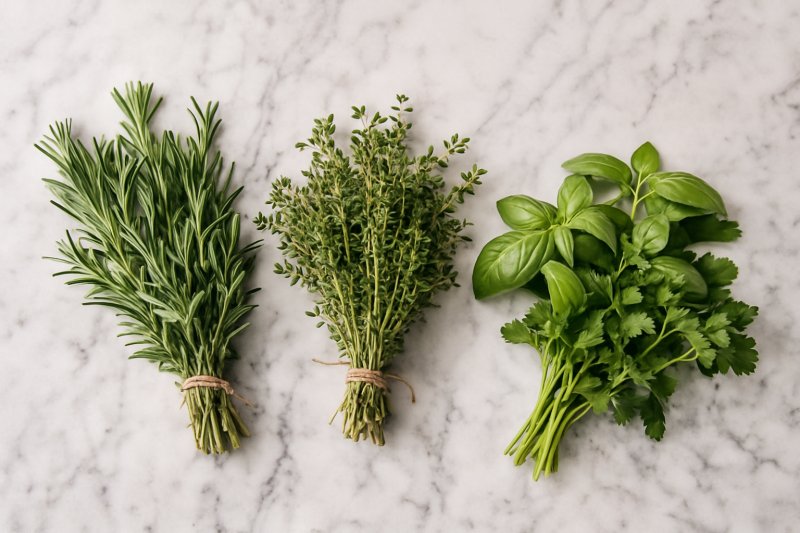 Frische grüne Küchenkräuter auf einem Holzbrett