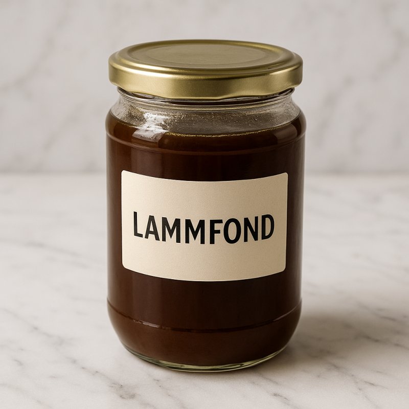 Ein Glas mit klarem braunem Lammfond