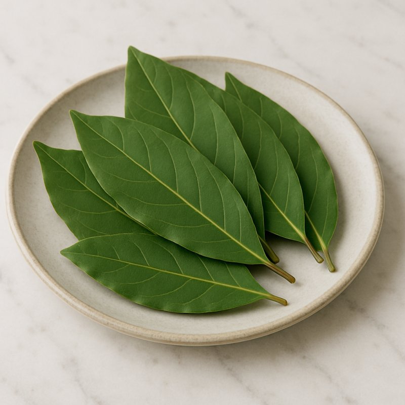 Getrocknete Lorbeerblätter auf einem Holzuntergrund