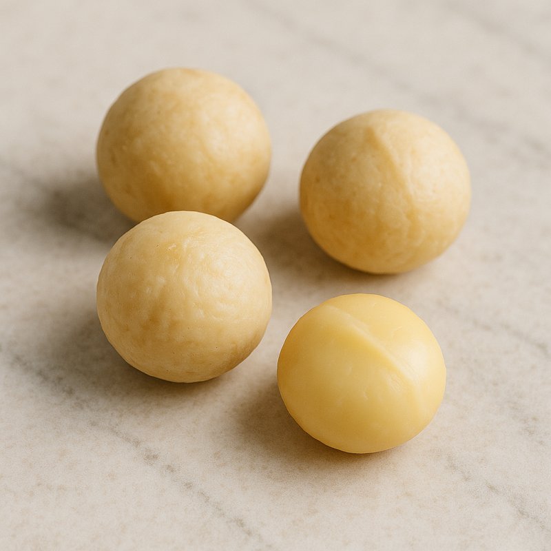 Schale mit ganzen und geschälten Macadamianüssen