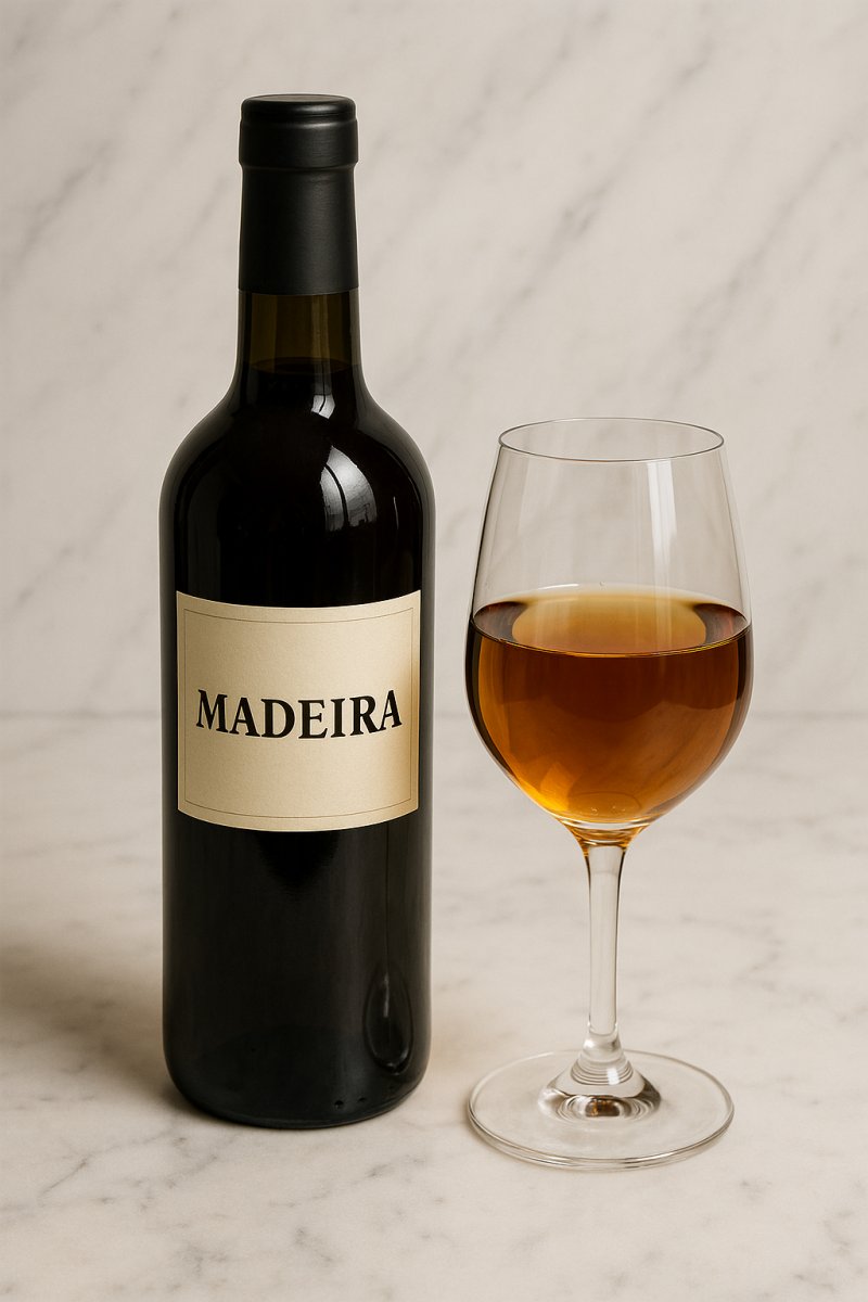 Ein Glas braun-goldener Madeirawein auf einem Holztisch