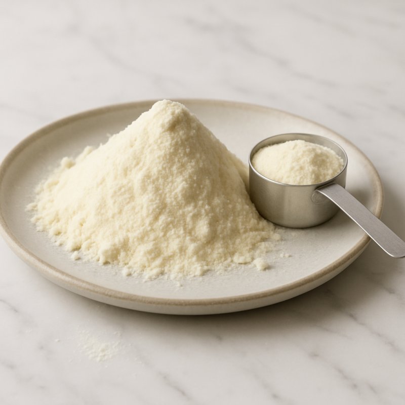 Weißes Milchpulver in einer Schale mit Löffel