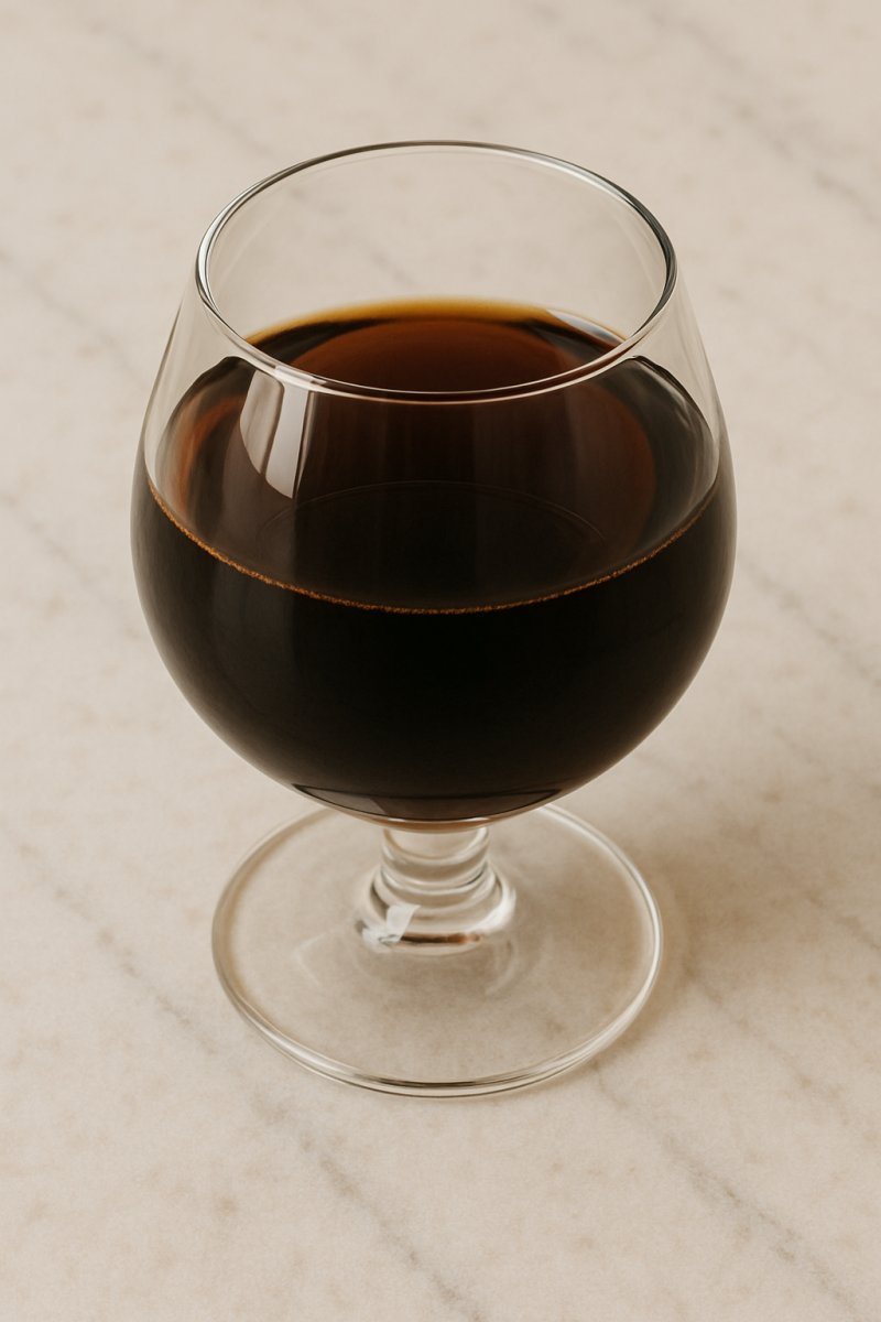 Ein Glas Mokkalikör mit Kaffeebohnen daneben