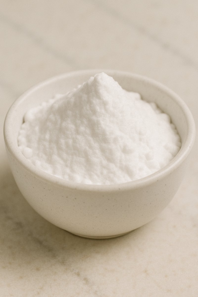 Weißes Natronpulver in einem Holzlöffel