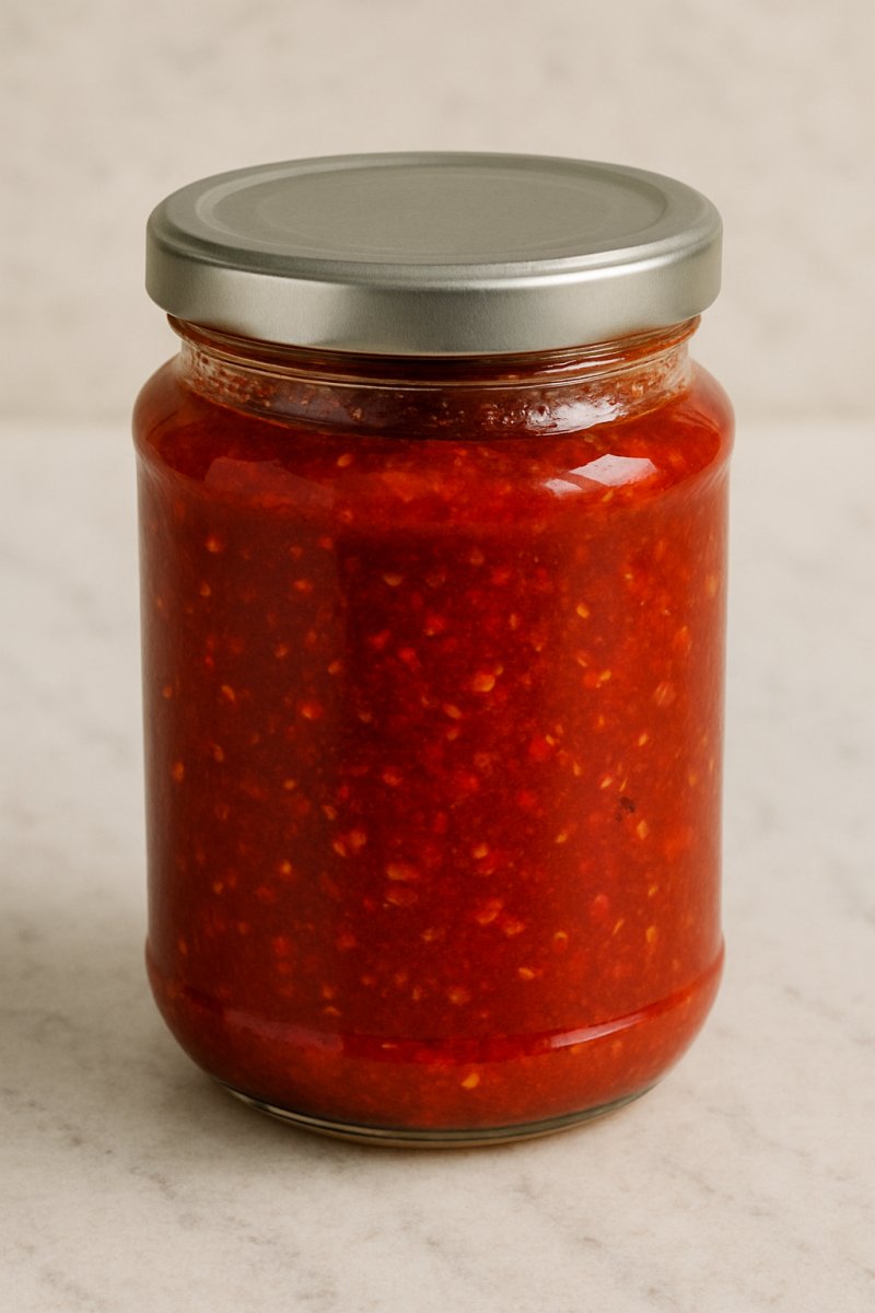 Ein Glas mit roter Peperoncinosauce