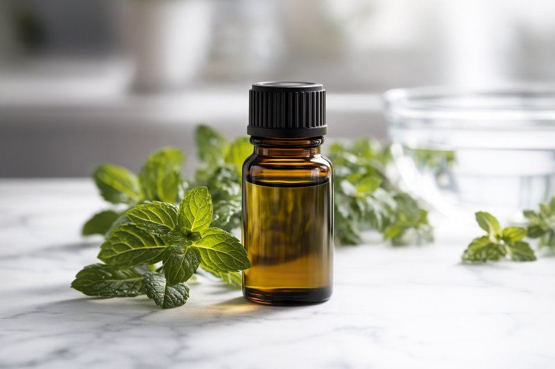 Fläschchen mit Pfefferminzöl neben frischen Pfefferminzblättern