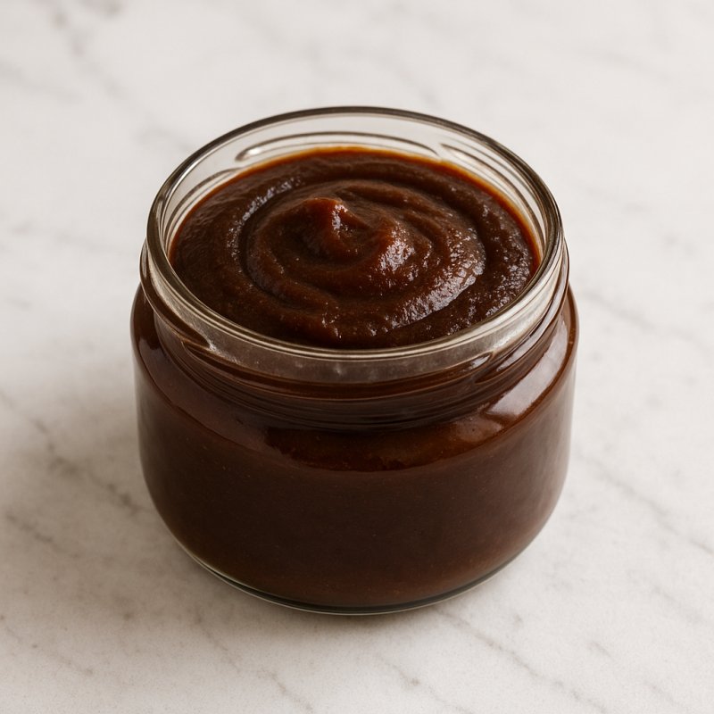 Glas mit Pflaumenmus aus reifen Pflaumen