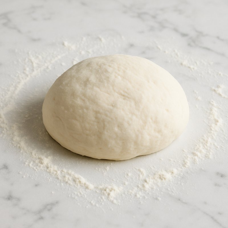 Roh ausgerollter Pizzateig auf einer bemehlten Arbeitsfläche