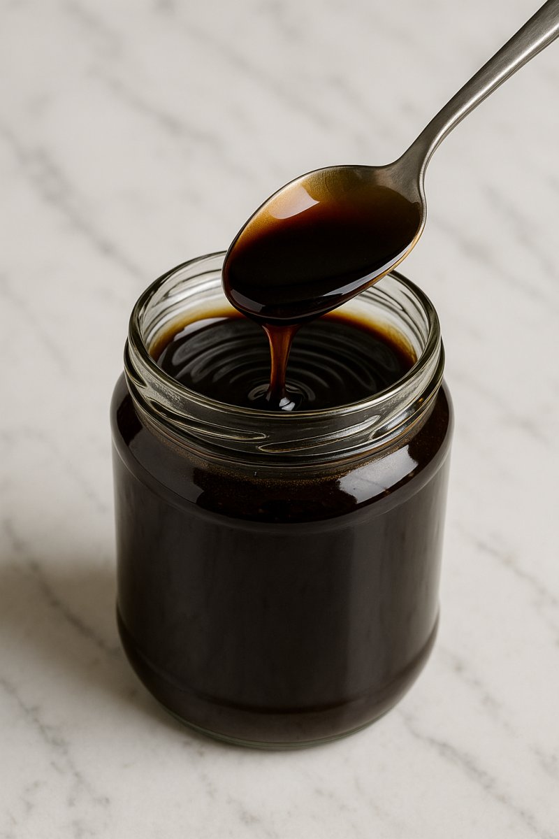 Ein Glas Rübensirup mit einem Löffel auf einem Holztisch