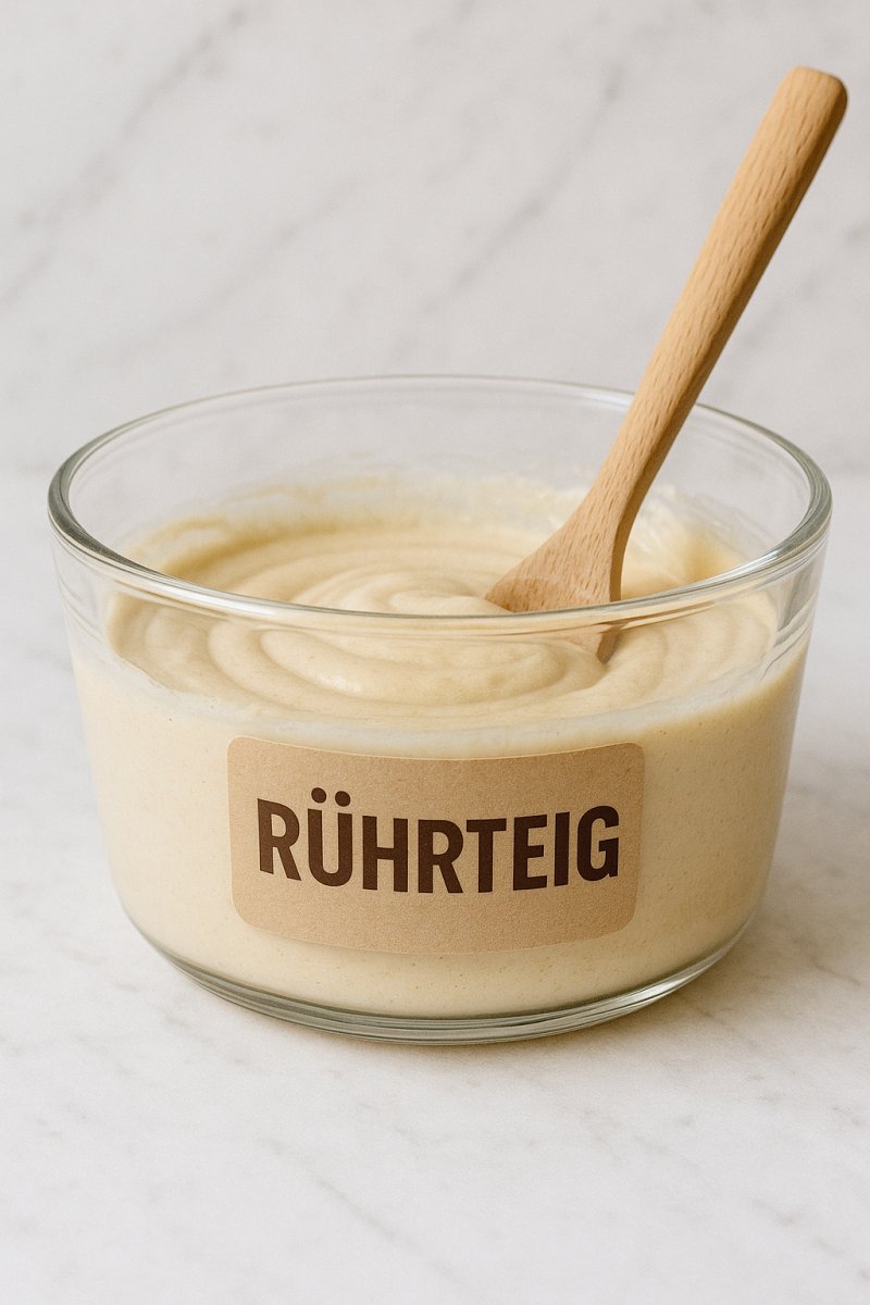 Schüssel mit hellem Rührteig und Rührlöffel