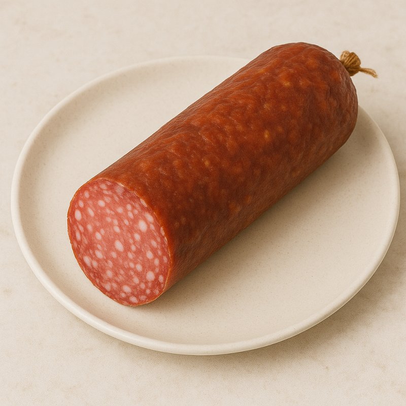 Aufgeschnittene Salamiwurst auf einem Holzbrett