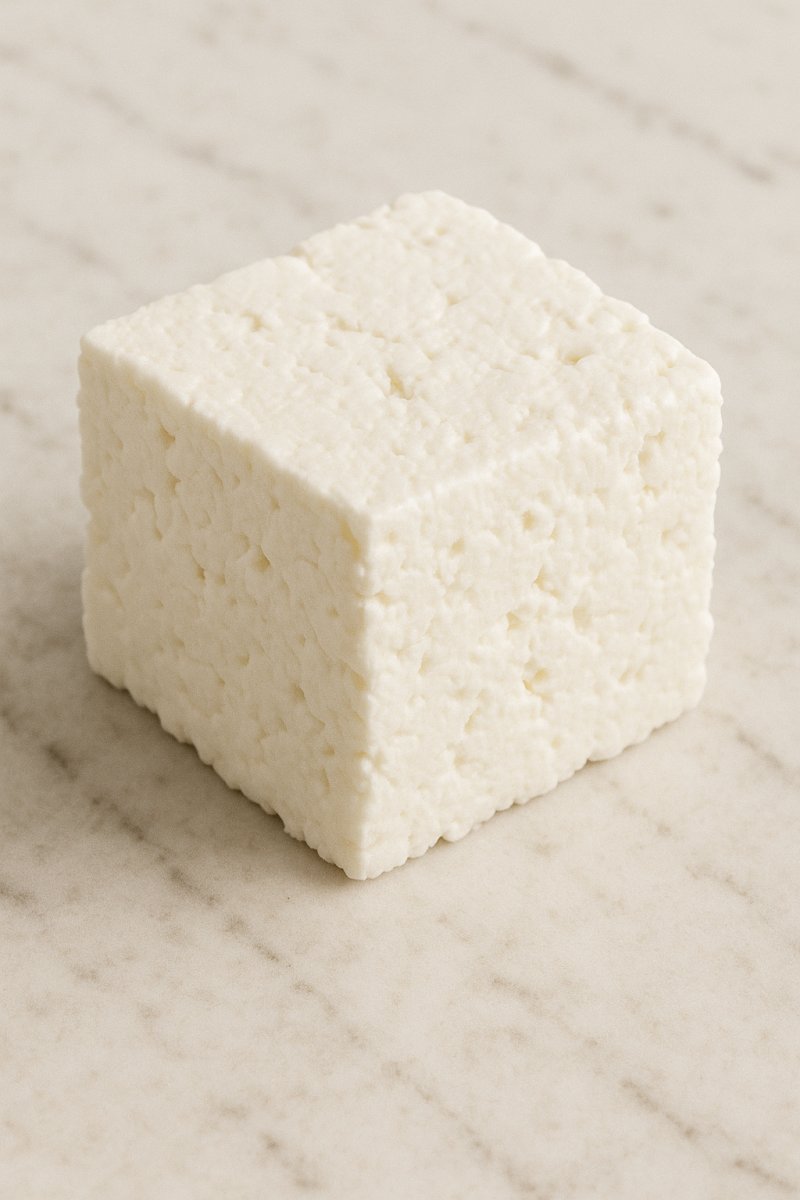 Ein Stück Schafskäse auf einem Holzbrett mit Kräutern