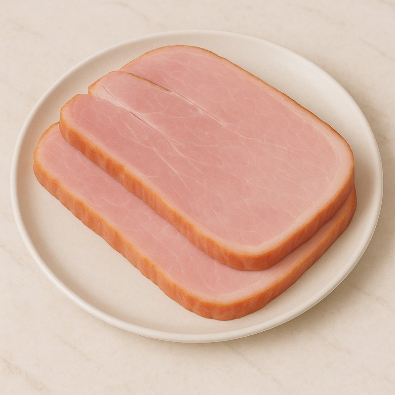 Aufgeschnittene Scheiben von gekochtem Schinken auf einem Holzbrett