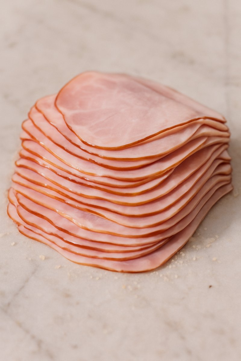 Scheiben von Schinken auf einem Holzbrett