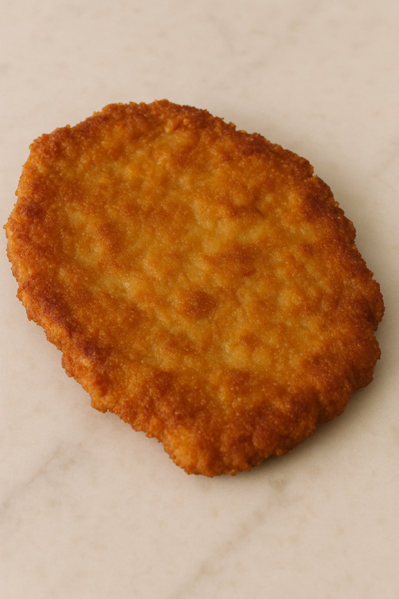 Paniertes, goldbraun gebratenes Schnitzel auf einem Teller