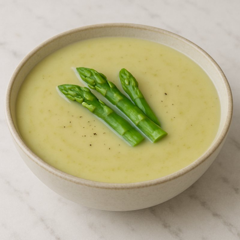 Teller mit cremiger Spargelcremesuppe und Spargelstücken
