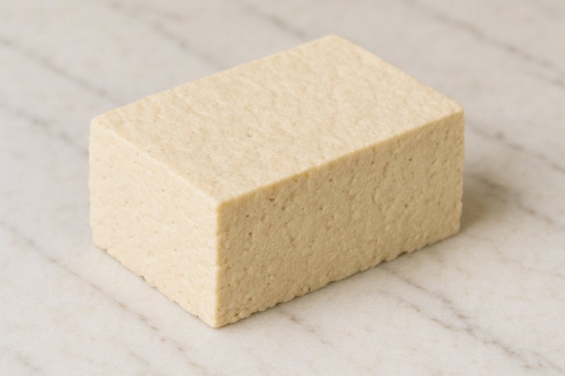 Ein Block Tofu auf einem Holzbrett, in Scheiben geschnitten