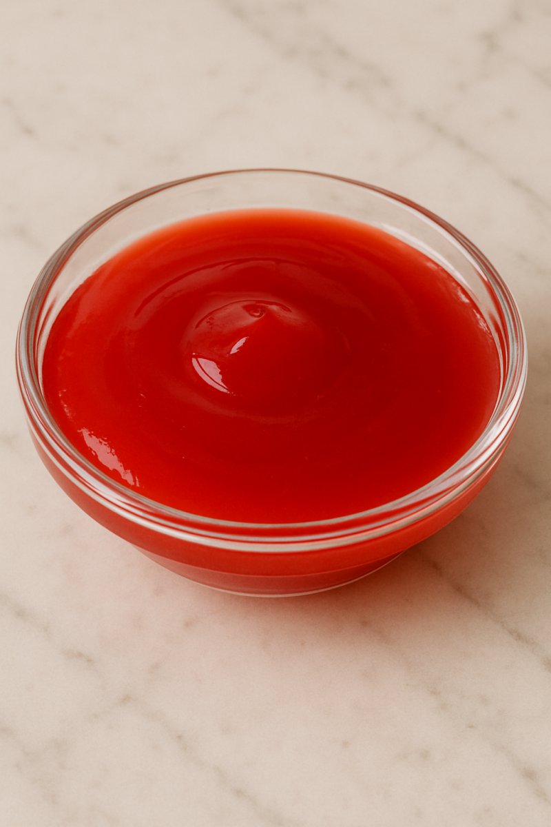 Pulver für Tortenguss in einer Schale neben einem bestrichenen Obstkuchen