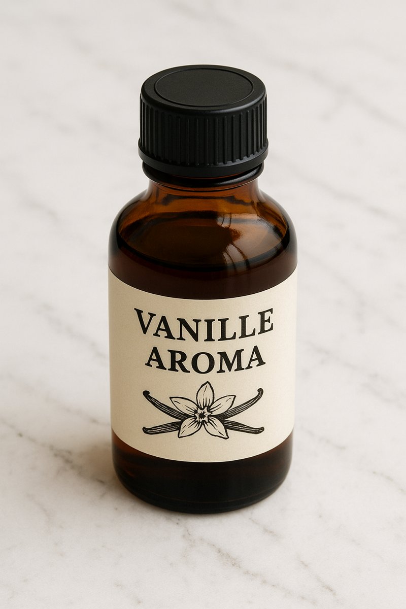 Fläschchen mit Vanillearoma vor Backzutaten