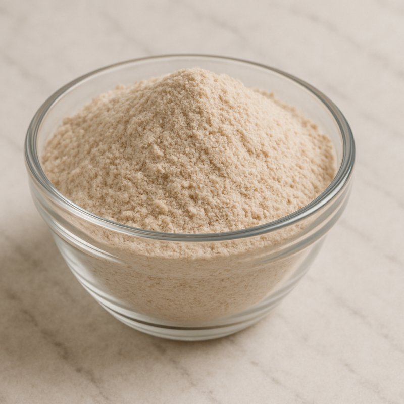 Vollkornmehl in einer Schüssel mit Getreidekörnern daneben