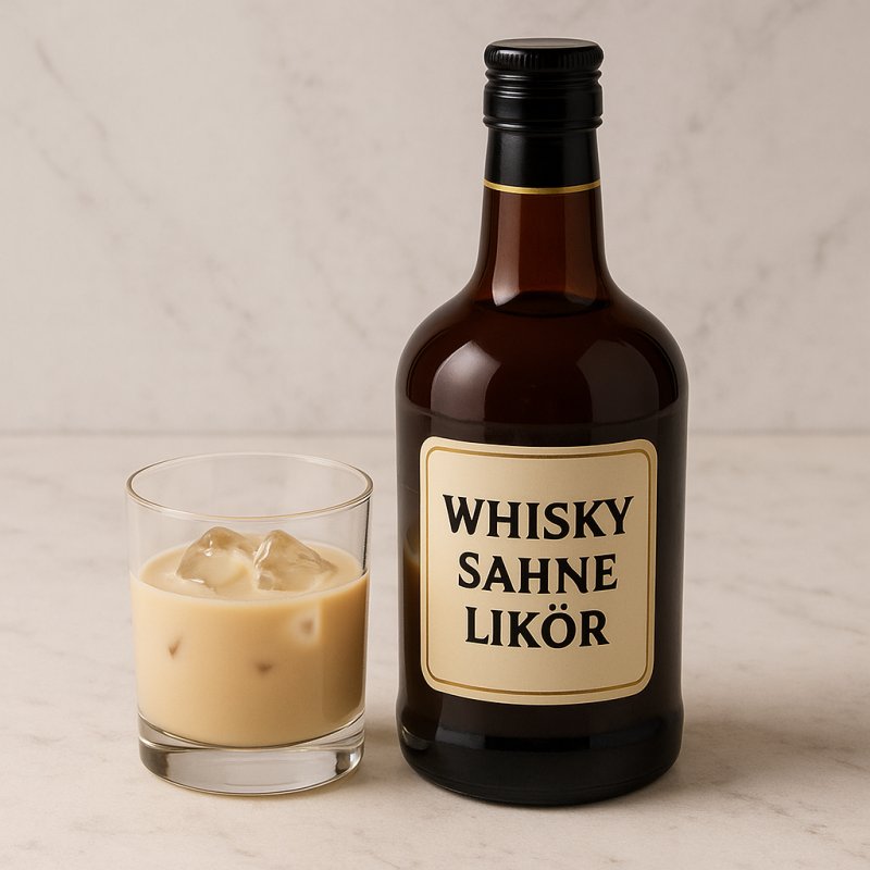 Glas mit Whisky-Sahne-Likör in cremiger, beigefarbener Optik