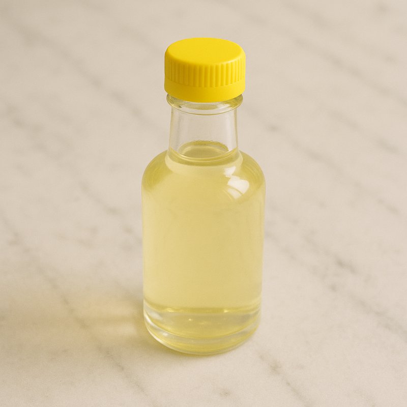 Fläschchen mit Zitronenaroma neben frischer Zitrone