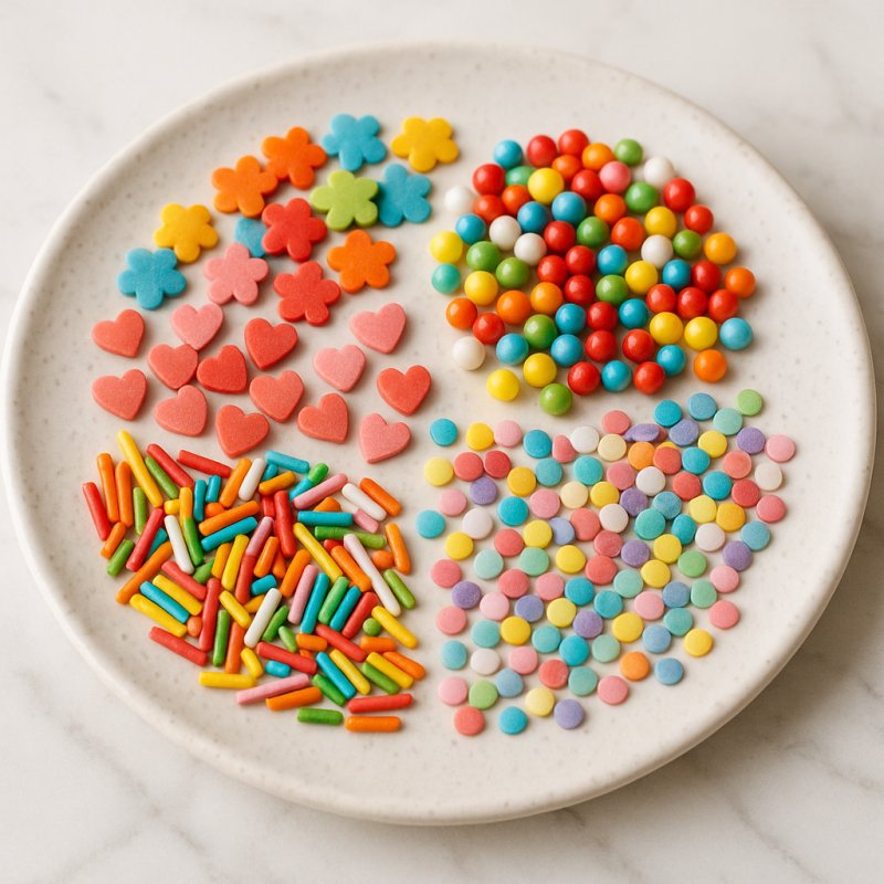 Buntes Zuckerdekor in verschiedenen Formen und Farben